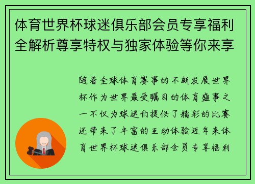 体育世界杯球迷俱乐部会员专享福利全解析尊享特权与独家体验等你来享